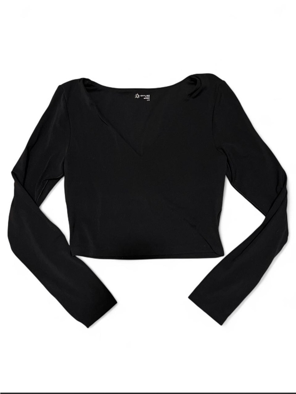 aerie OFFLINE Real Me Black Long-Sleeve V-Neck Cropped Top